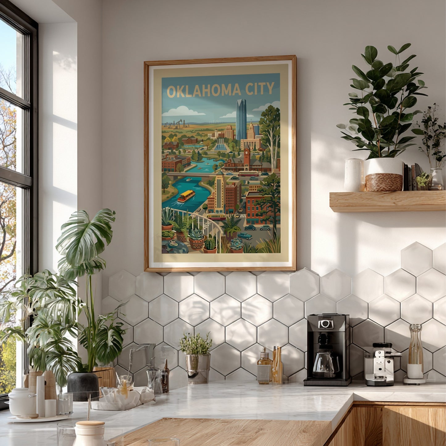 Retro Oklahoma City skyline print featuring buildings, river, and trees in a warm, vintage style.