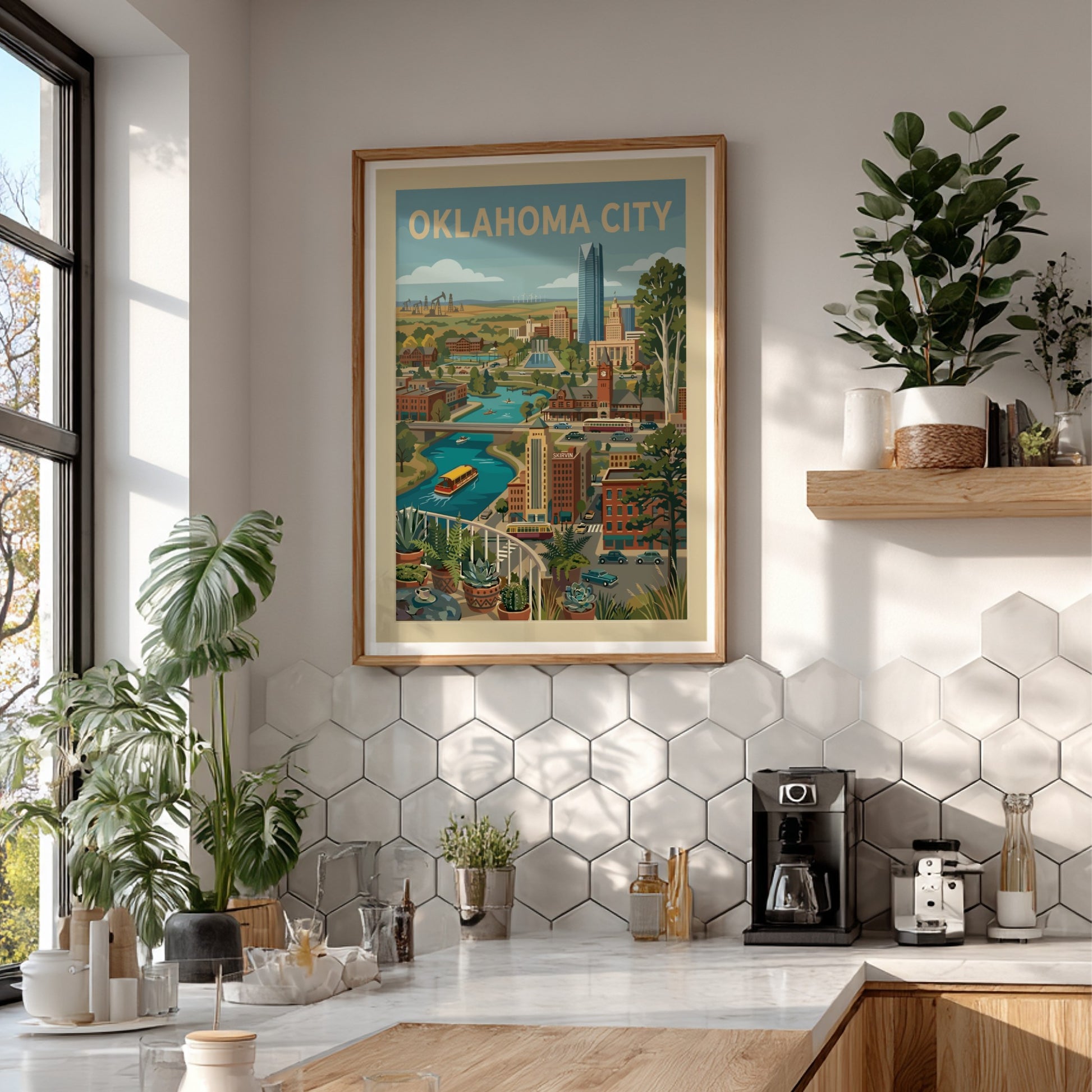Retro Oklahoma City skyline print featuring buildings, river, and trees in a warm, vintage style.