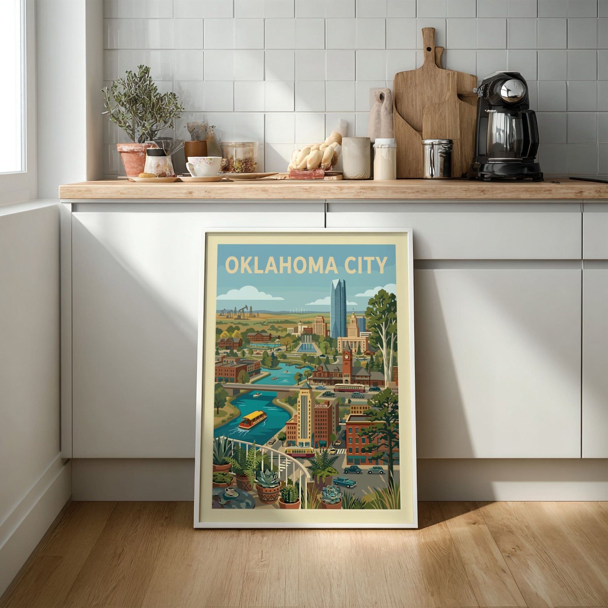 Retro Oklahoma City skyline print featuring buildings, river, and trees in a warm, vintage style.