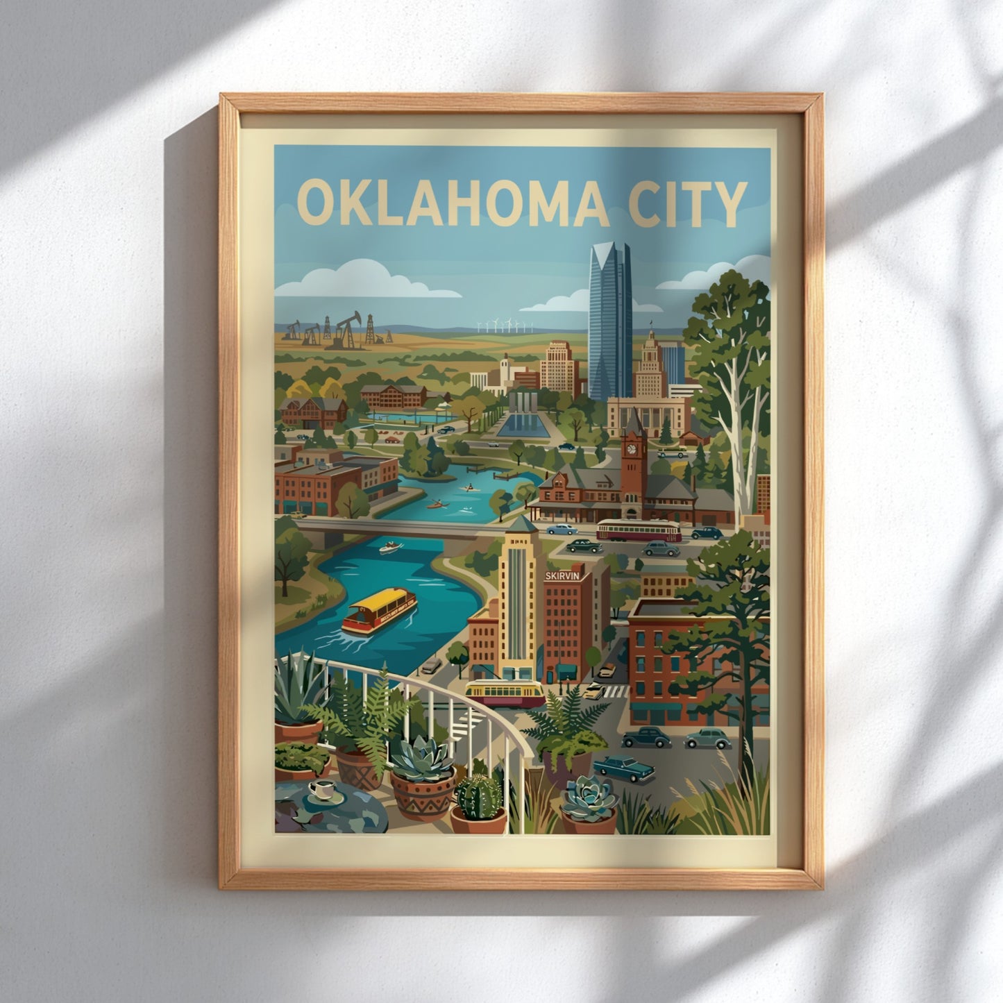 Retro Oklahoma City skyline print featuring buildings, river, and trees in a warm, vintage style.