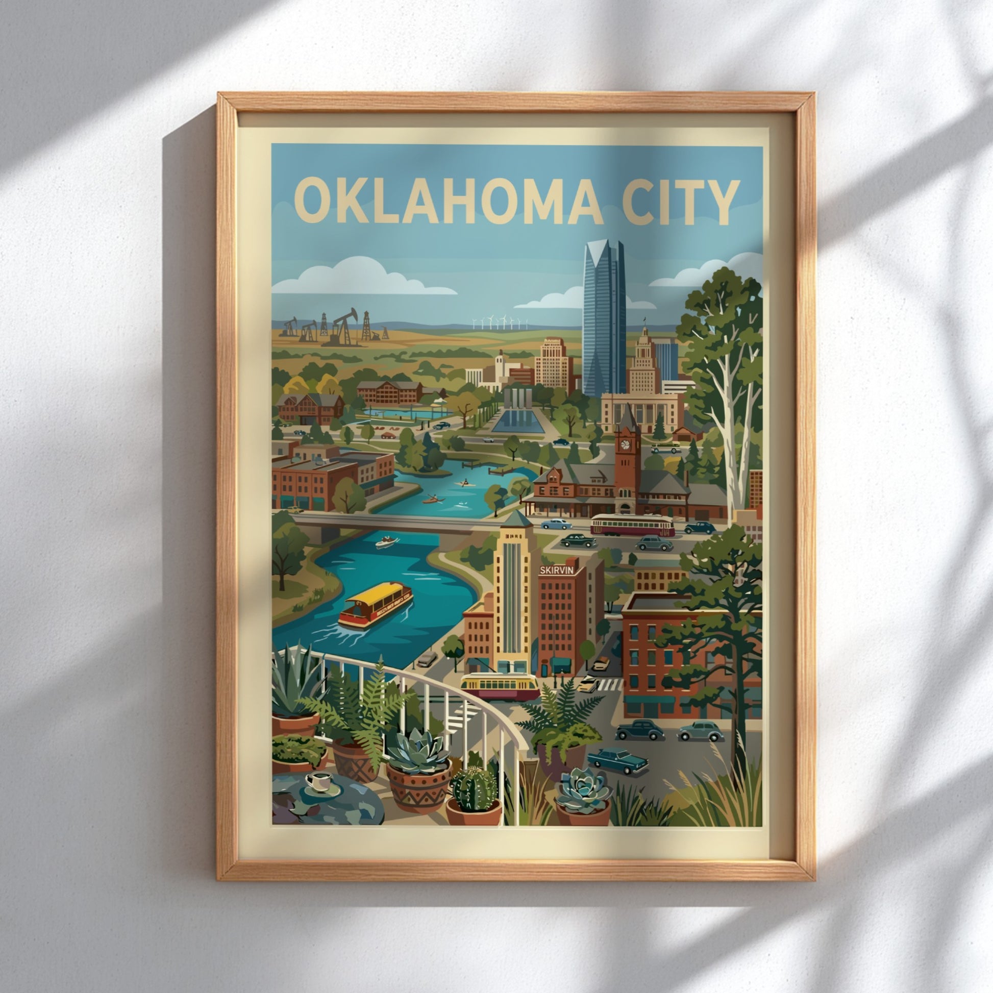 Retro Oklahoma City skyline print featuring buildings, river, and trees in a warm, vintage style.