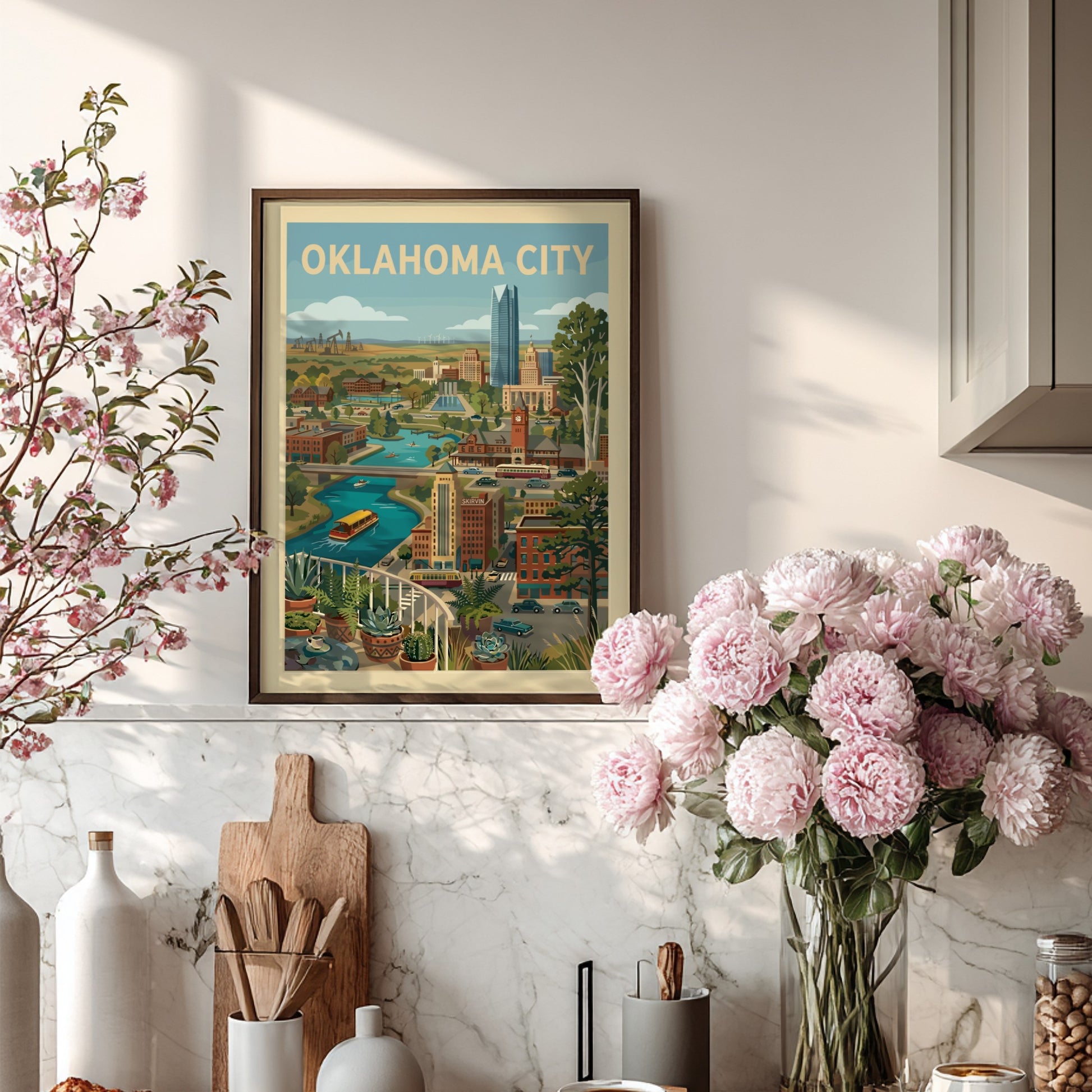 Retro Oklahoma City skyline print featuring buildings, river, and trees in a warm, vintage style.