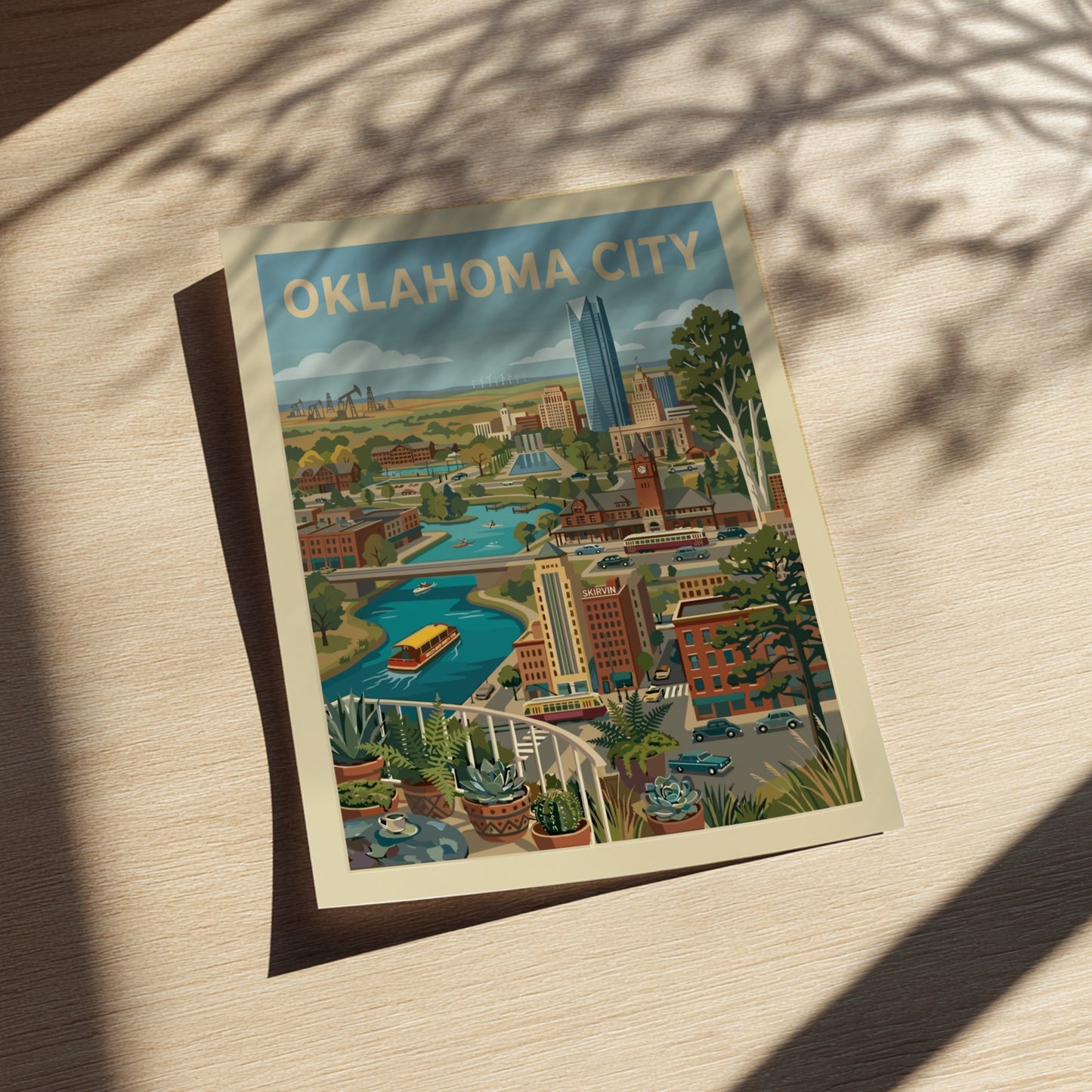Retro Oklahoma City skyline print featuring buildings, river, and trees in a warm, vintage style.