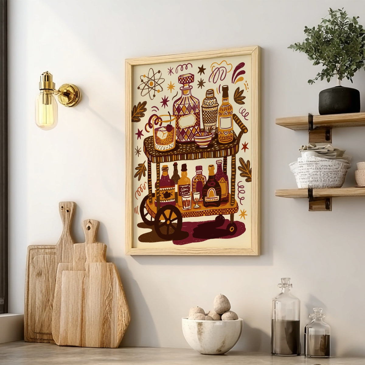 Old fashioned bar cart poster featuring bottles, glassware, and atomic shapes in amber tones.