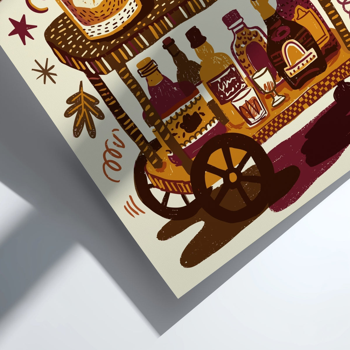 Old fashioned bar cart poster featuring bottles, glassware, and atomic shapes in amber tones.