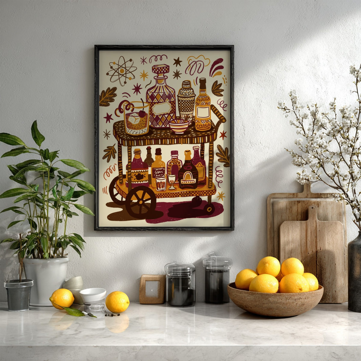 Old fashioned bar cart poster featuring bottles, glassware, and atomic shapes in amber tones.