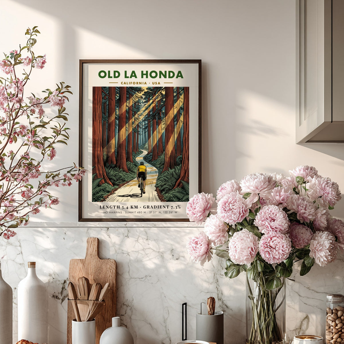 Cycling poster of Old La Honda featuring a rider on a forest road.