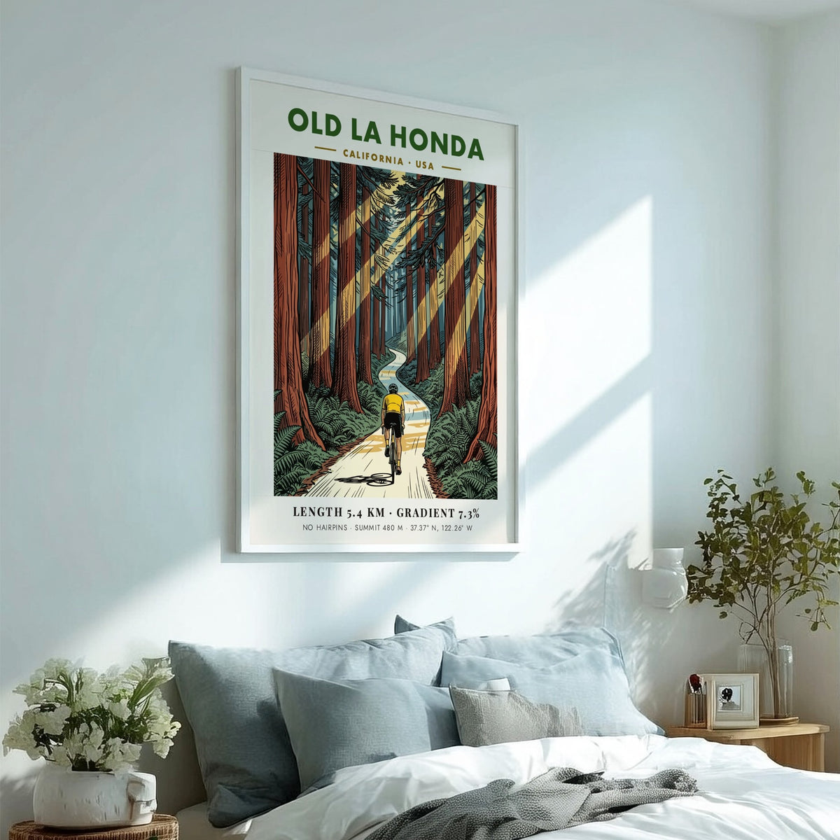 Cycling poster of Old La Honda featuring a rider on a forest road.
