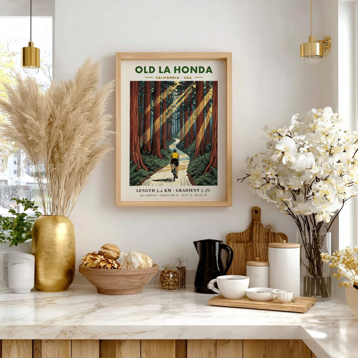 Cycling poster of Old La Honda featuring a rider on a forest road.