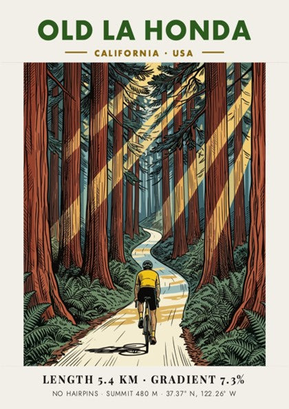Cycling poster of Old La Honda featuring a rider on a forest road.
