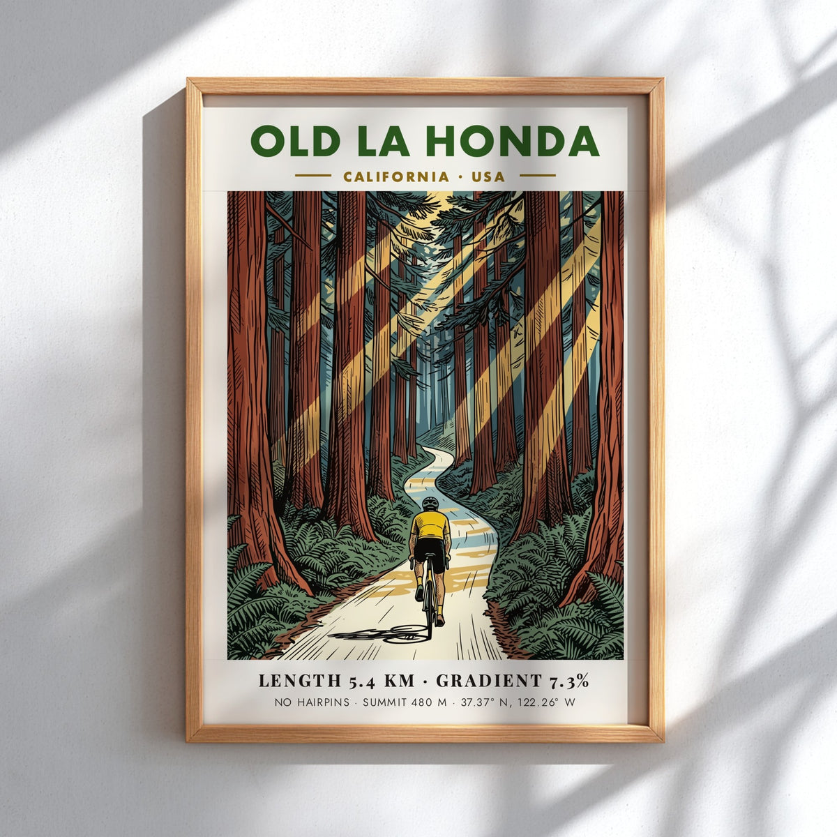 Cycling poster of Old La Honda featuring a rider on a forest road.