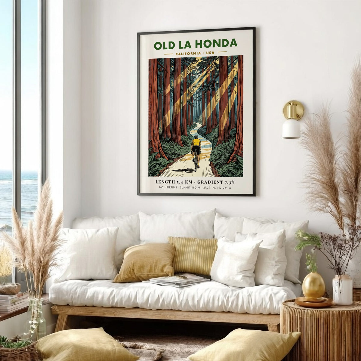 Cycling poster of Old La Honda featuring a rider on a forest road.