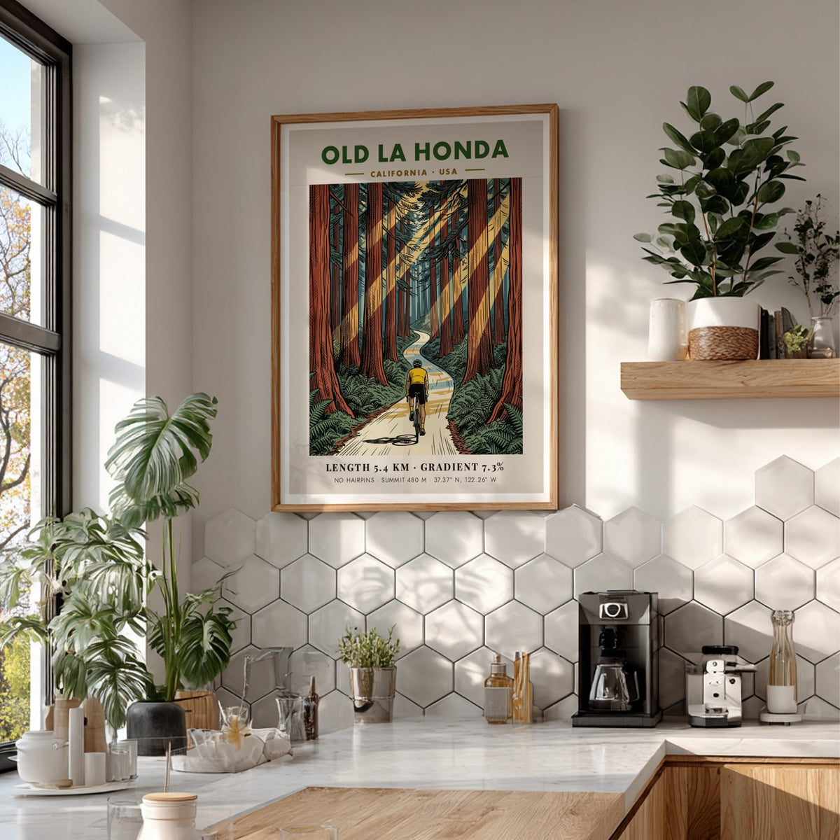 Cycling poster of Old La Honda featuring a rider on a forest road.