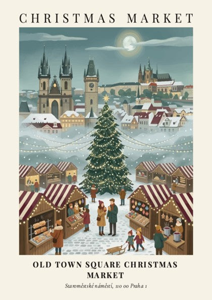 Christmas market poster depicting a snowy Old Town Square in Prague with festive trees