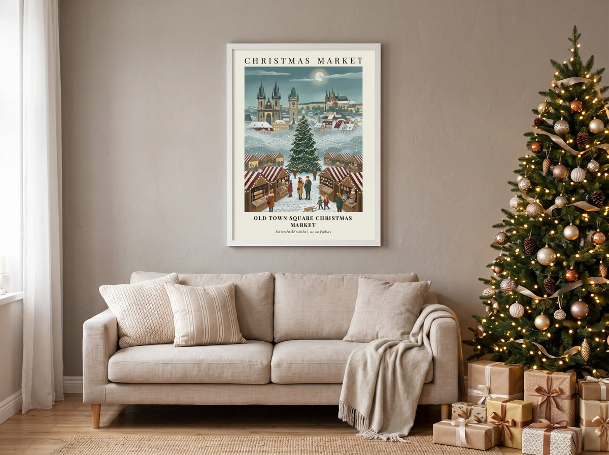 Christmas market poster depicting a snowy Old Town Square in Prague with festive trees