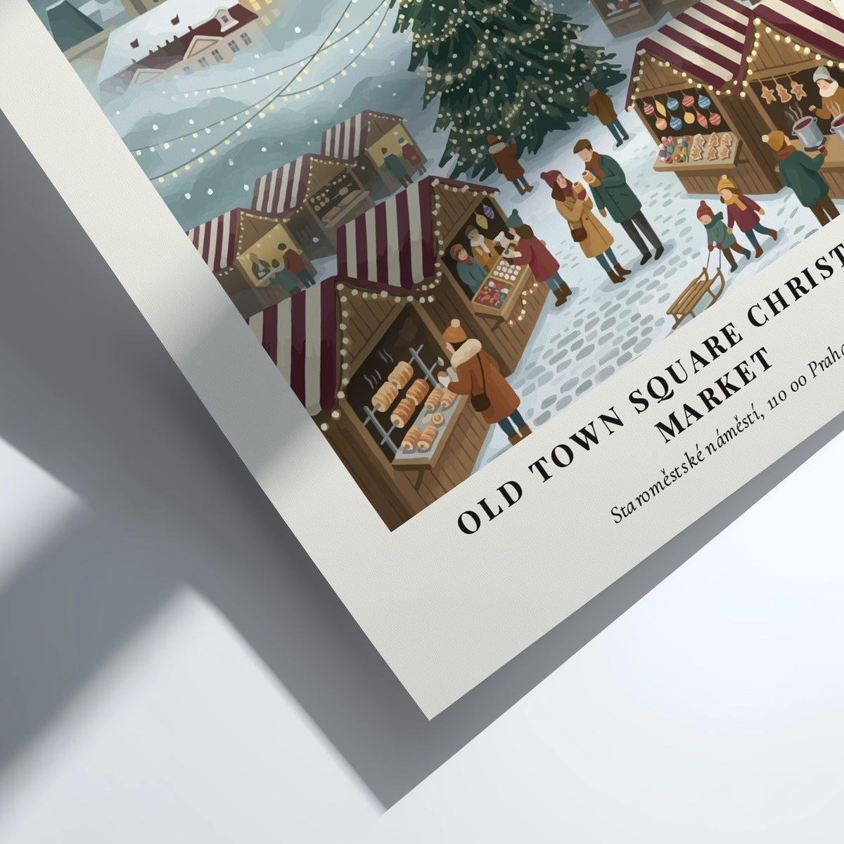 Christmas market poster depicting a snowy Old Town Square in Prague with festive trees