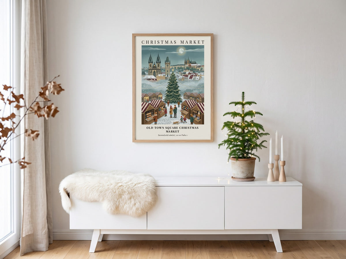 Christmas market poster depicting a snowy Old Town Square in Prague with festive trees
