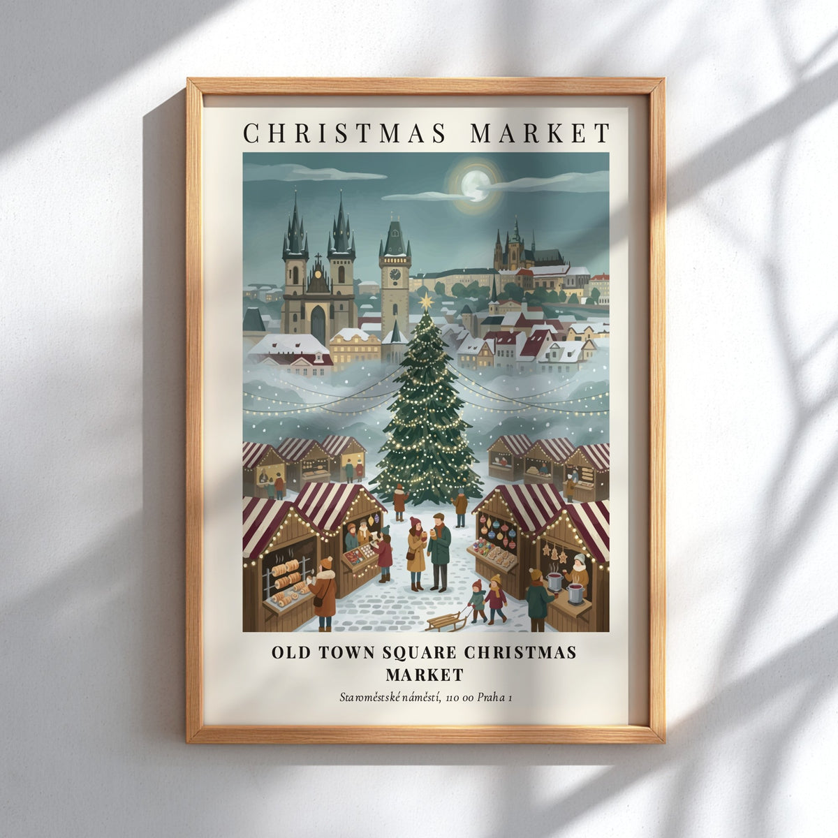 Christmas market poster depicting a snowy Old Town Square in Prague with festive trees