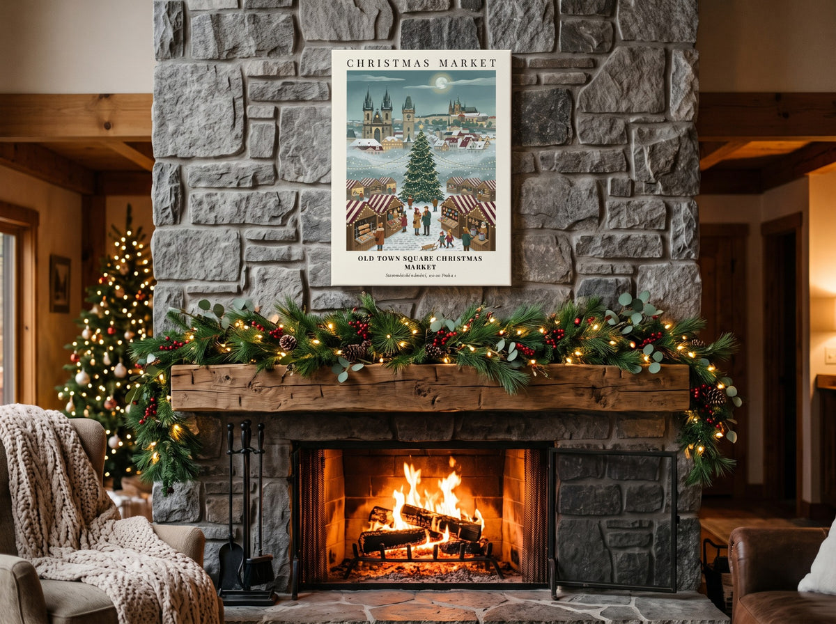 Christmas market poster depicting a snowy Old Town Square in Prague with festive trees