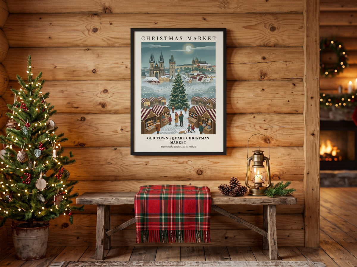 Christmas market poster depicting a snowy Old Town Square in Prague with festive trees
