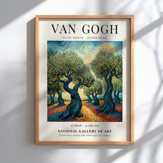 Olive Grove Silver Wind poster featuring swirling colors and vibrant landscapes inspired by Van Gogh's style