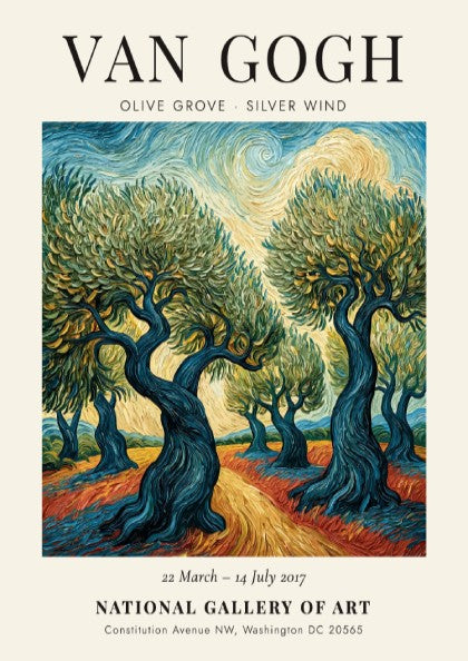 Olive Grove Silver Wind poster featuring swirling colors and vibrant landscapes inspired by Van Gogh's style