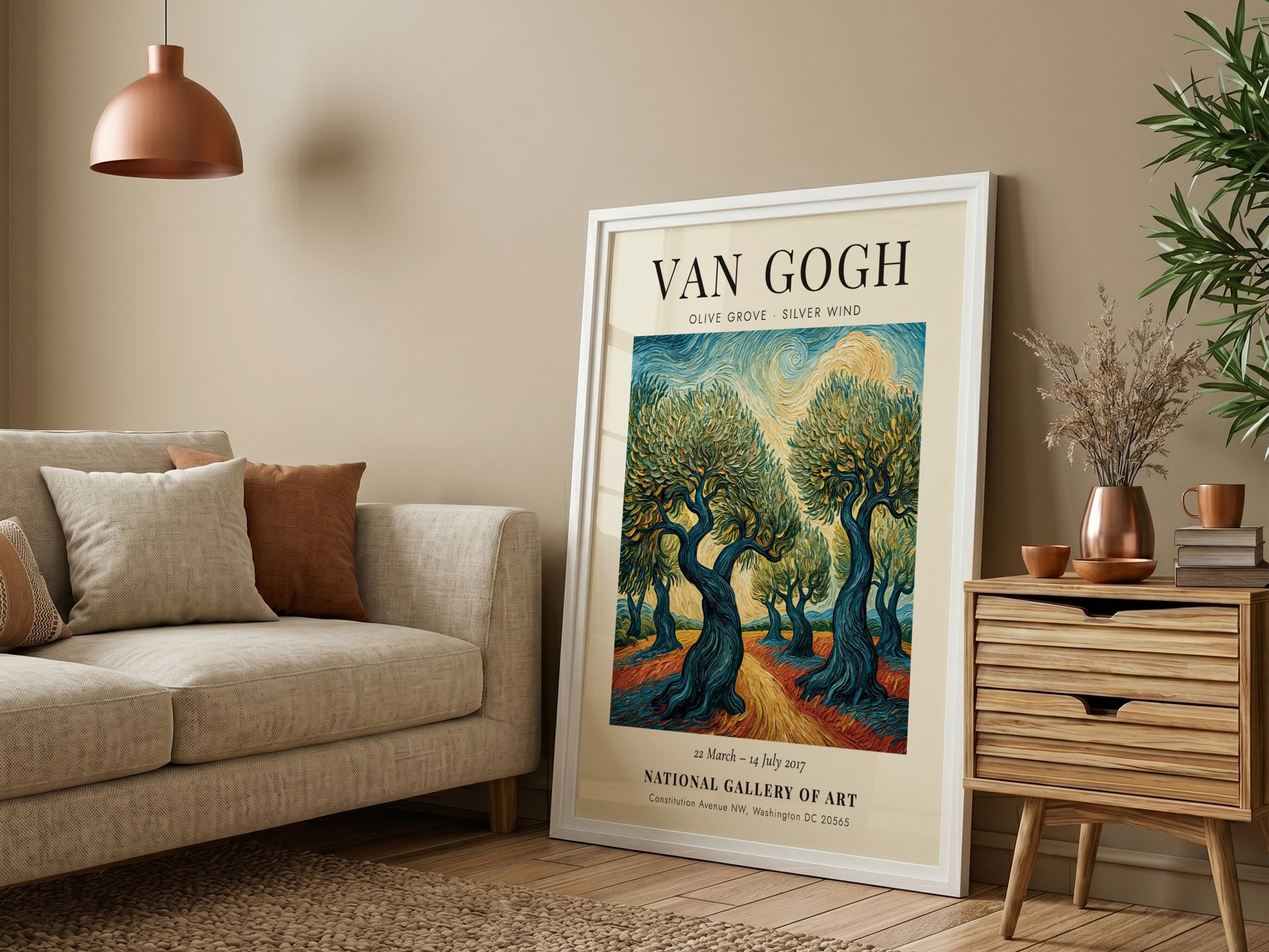 Olive Grove Silver Wind poster featuring swirling colors and vibrant landscapes inspired by Van Gogh's style