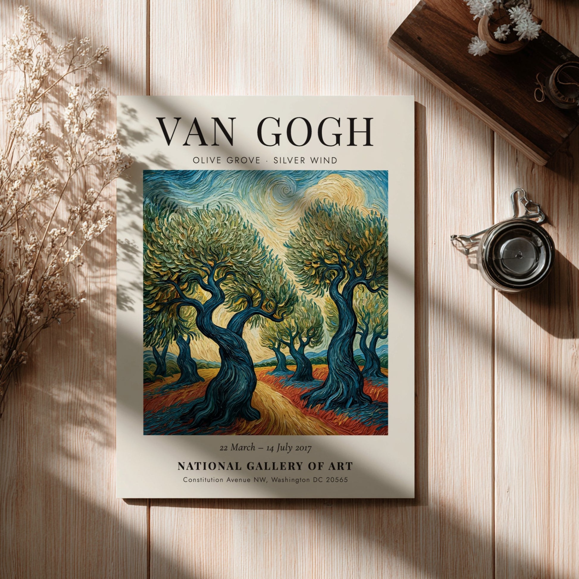 Olive Grove Silver Wind poster featuring swirling colors and vibrant landscapes inspired by Van Gogh's style