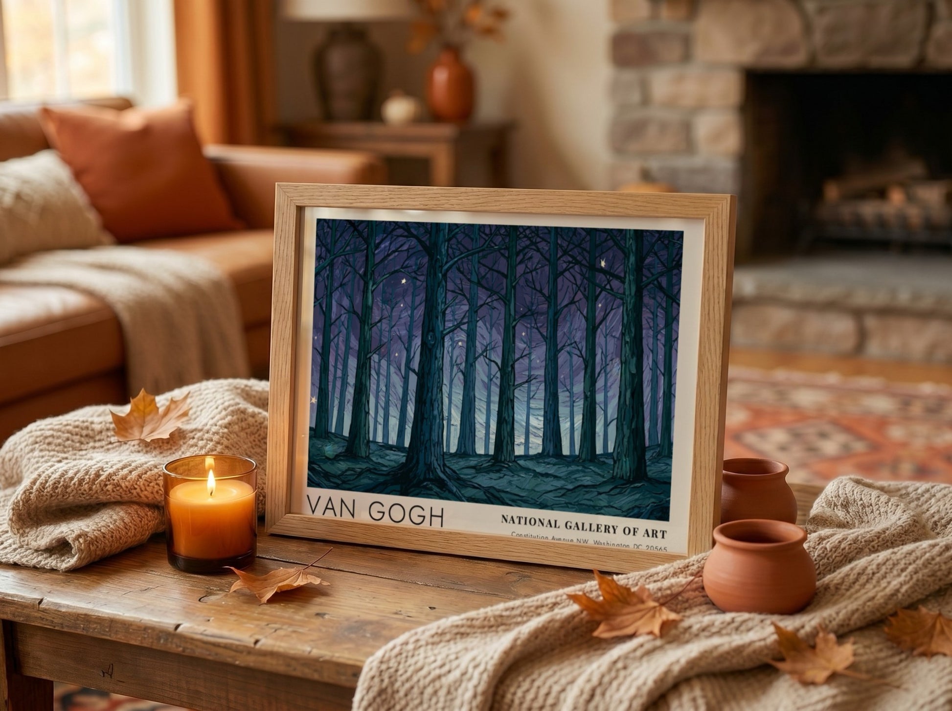 Olive Grove poster featuring Van Gogh's enchanting forest art with deep blues and greens