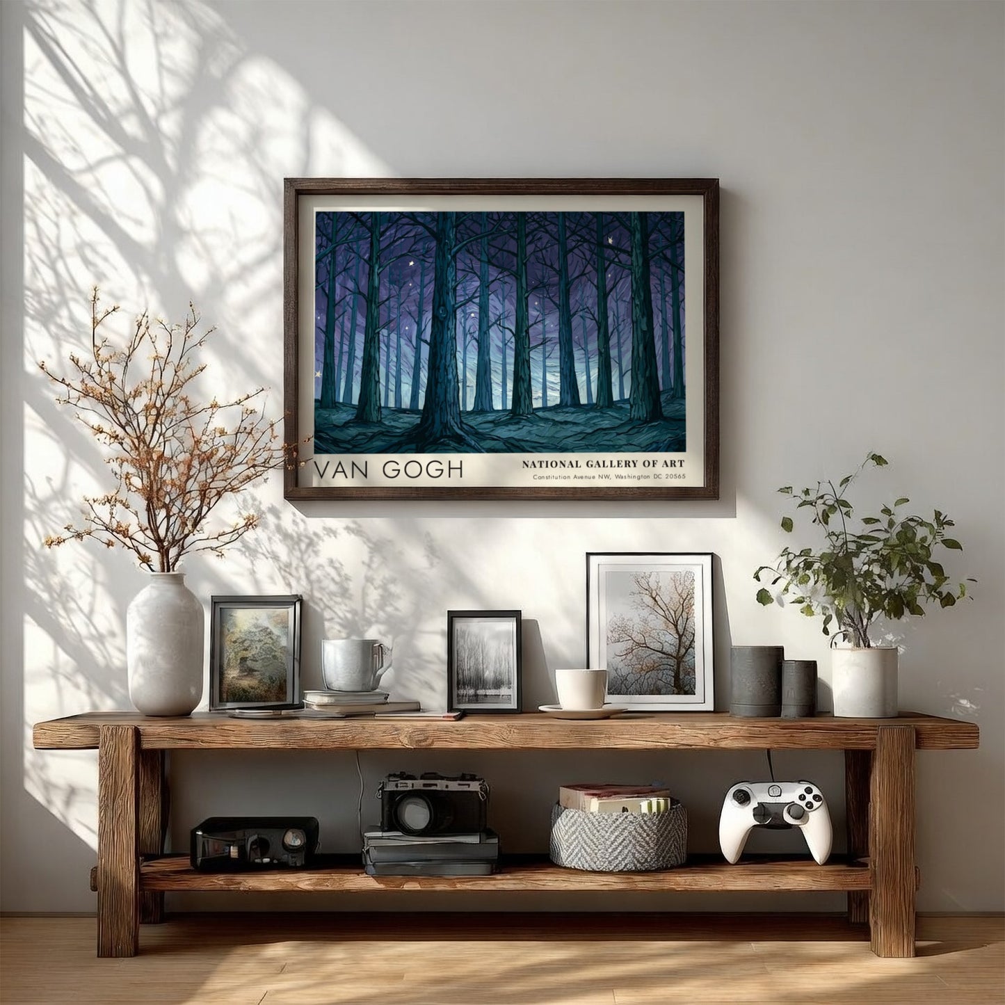Olive Grove poster featuring Van Gogh's enchanting forest art with deep blues and greens