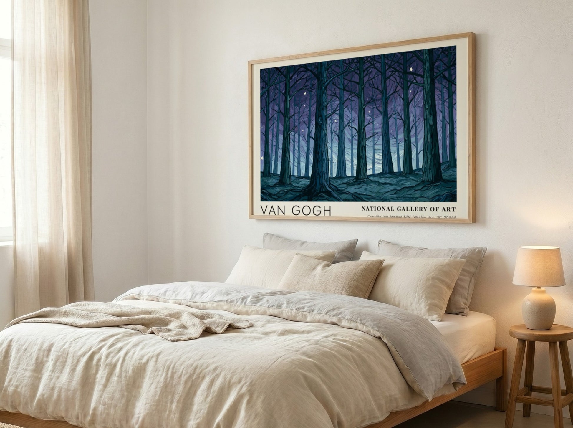 Olive Grove poster featuring Van Gogh's enchanting forest art with deep blues and greens