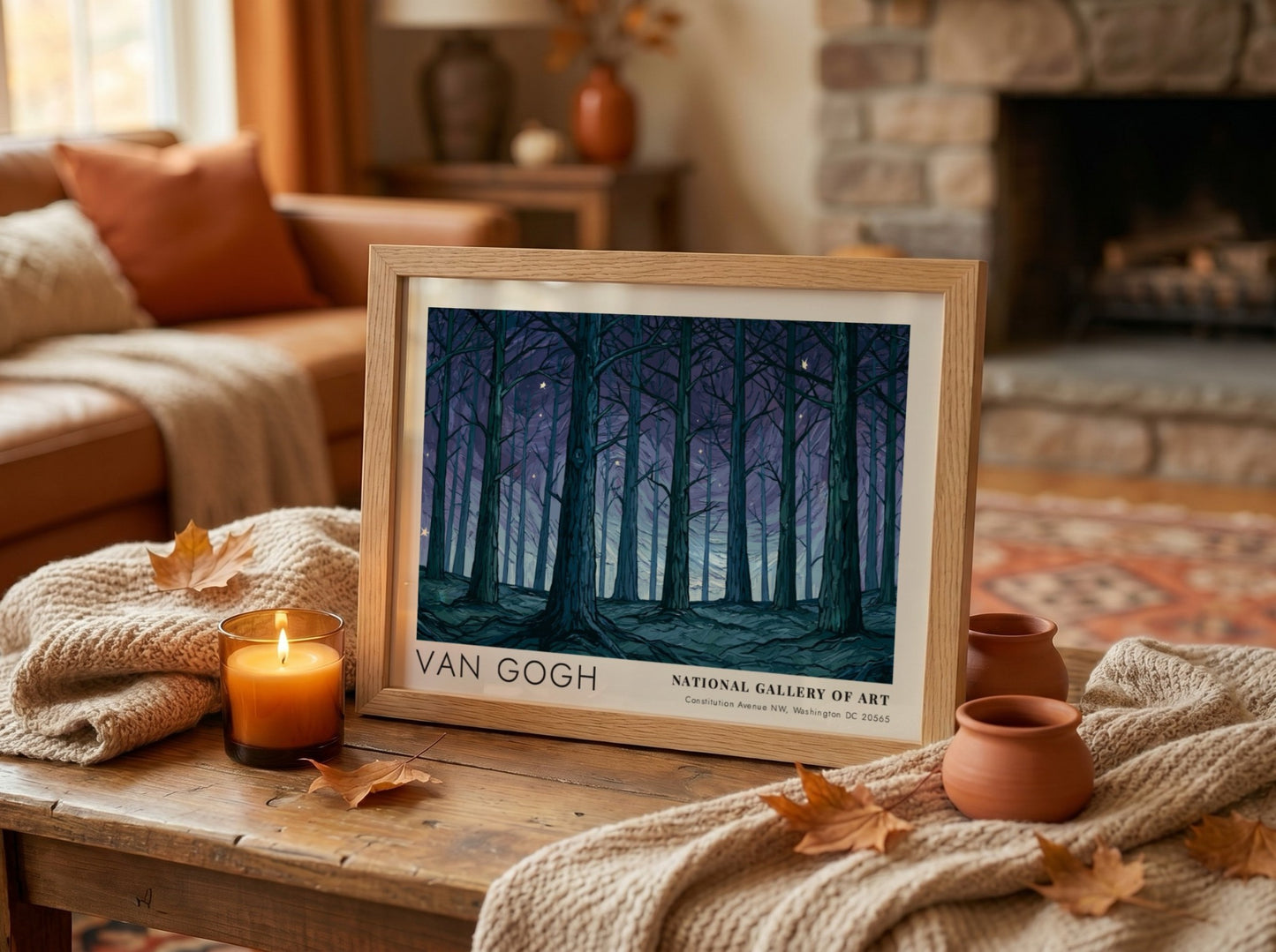 Olive Grove wall art print featuring deep blues and purples in Van Gogh's landscape style