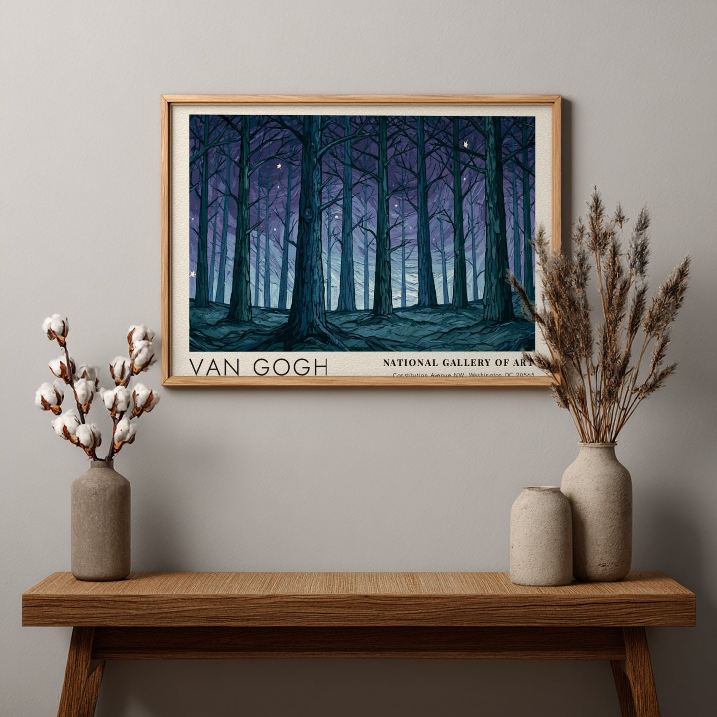Olive Grove poster featuring Van Gogh's enchanting forest art with deep blues and greens