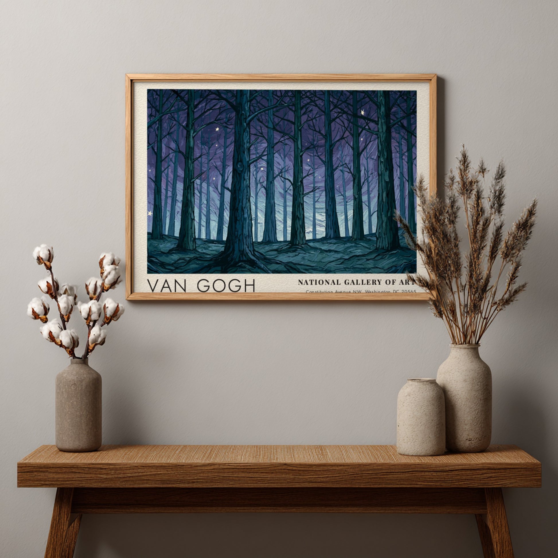 Olive Grove poster featuring Van Gogh's enchanting forest art with deep blues and greens