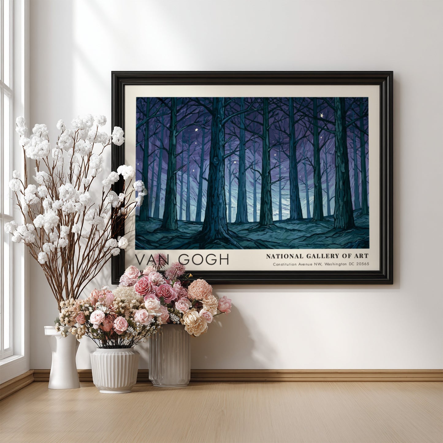 Olive Grove poster featuring Van Gogh's enchanting forest art with deep blues and greens