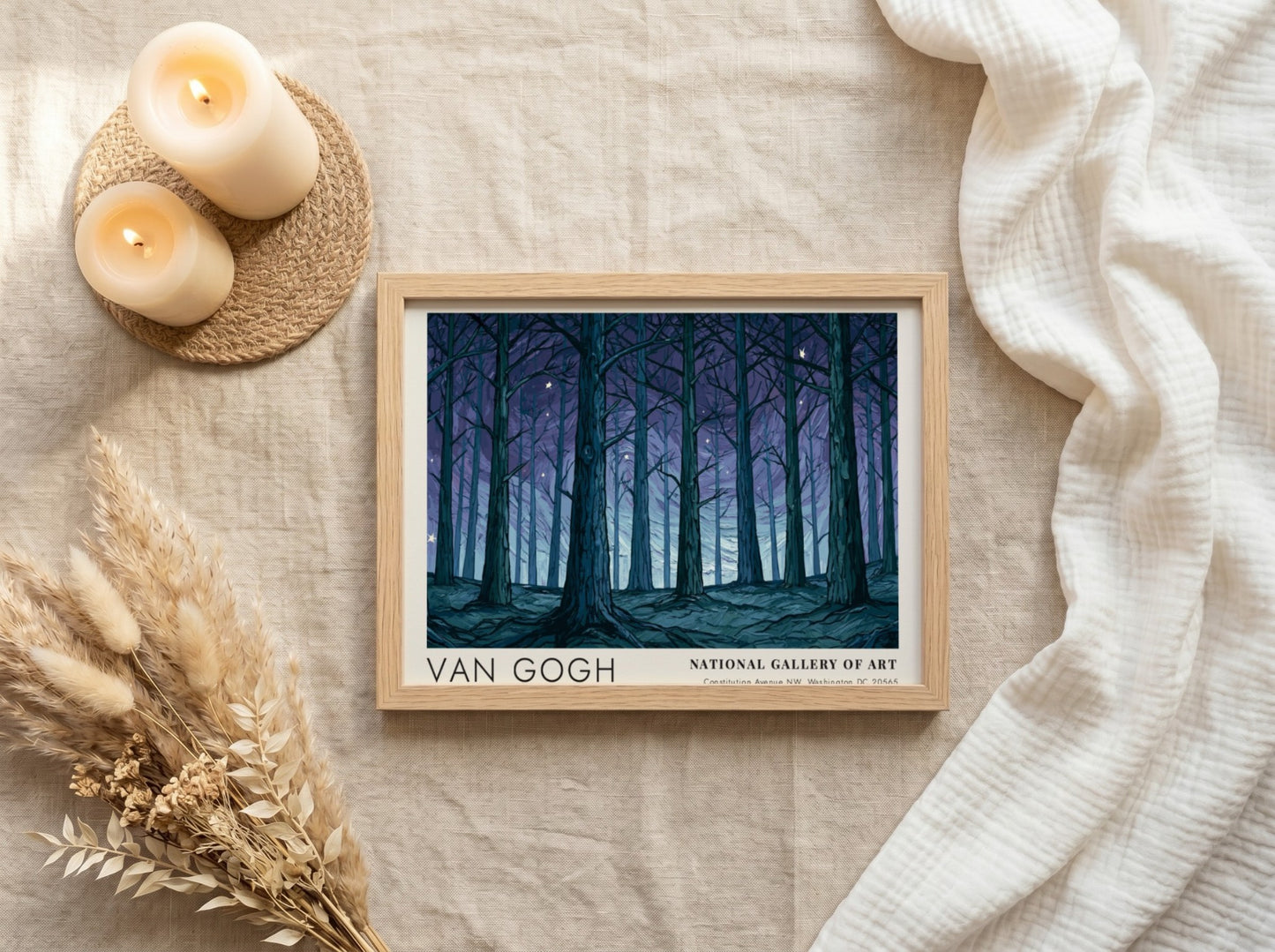 Olive Grove poster featuring Van Gogh's enchanting forest art with deep blues and greens