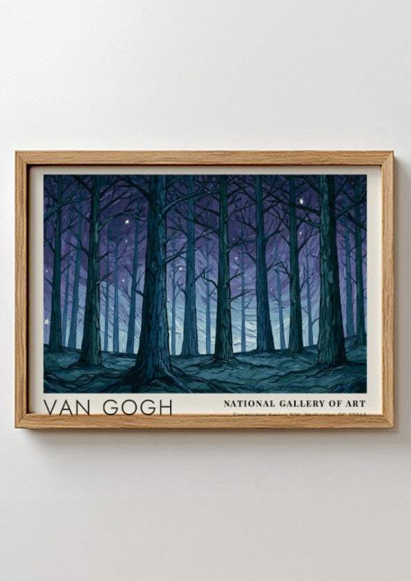 Olive Grove poster featuring Van Gogh's enchanting forest art with deep blues and greens