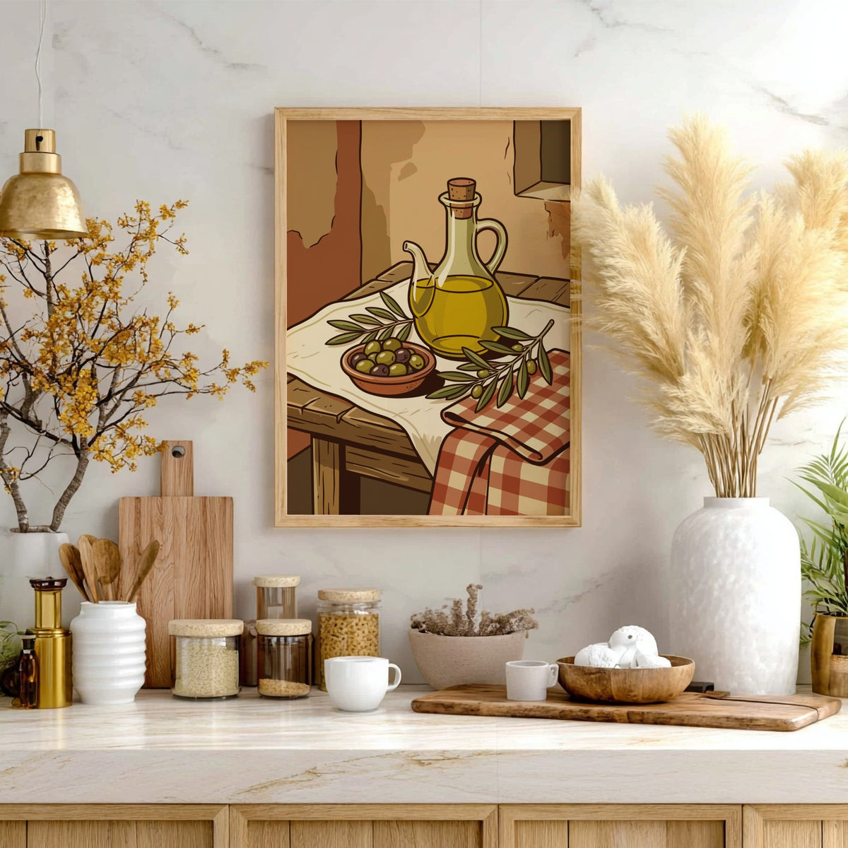 Poster featuring a bottle of olive oil and a bowl of fresh olives on wood.