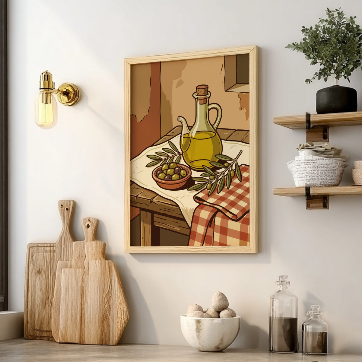 Poster featuring a bottle of olive oil and a bowl of fresh olives on wood.