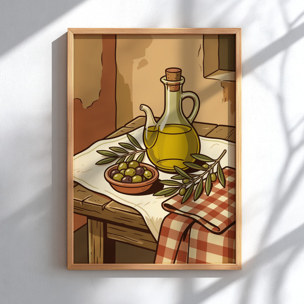 Poster featuring a bottle of olive oil and a bowl of fresh olives on wood.