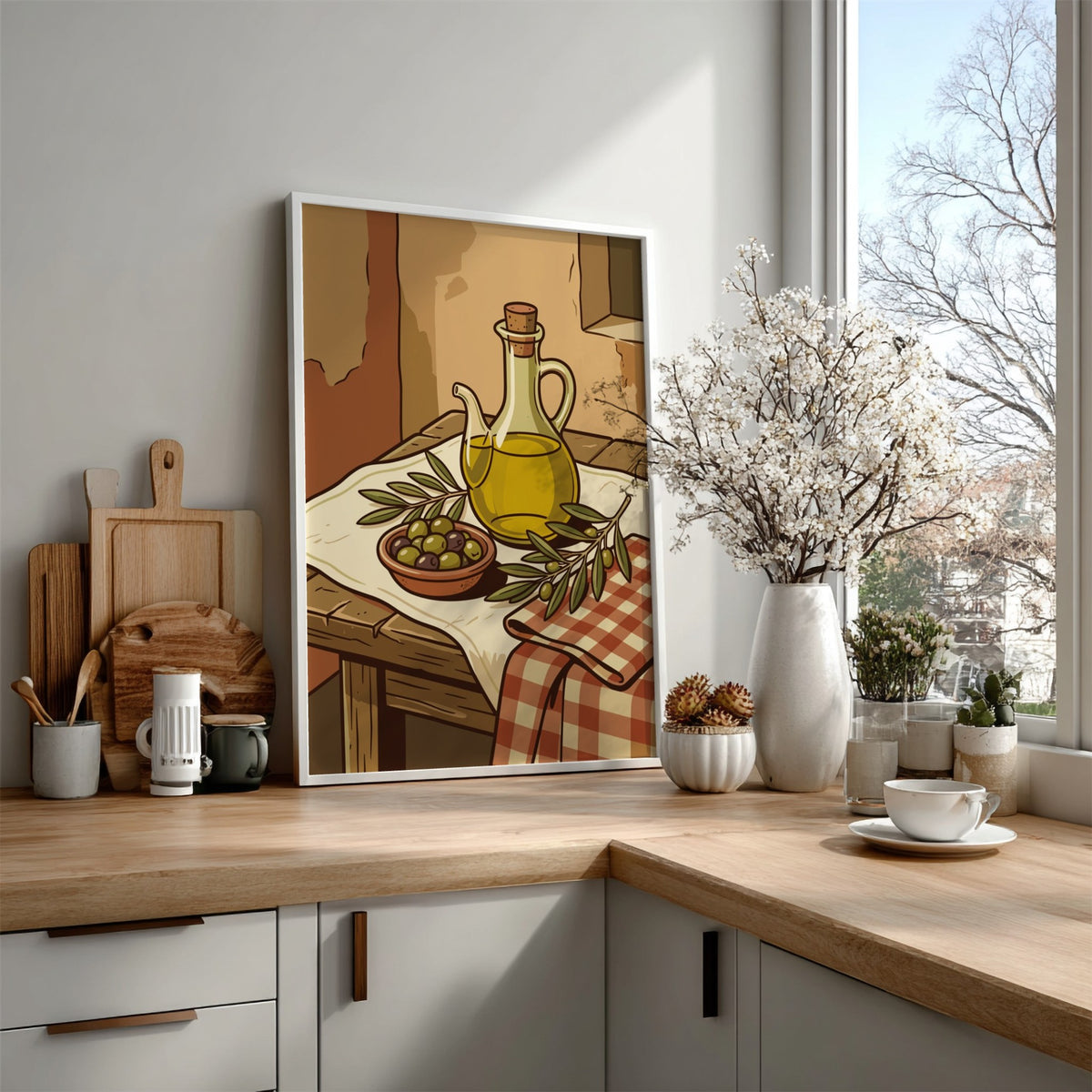Poster featuring a bottle of olive oil and a bowl of fresh olives on wood.
