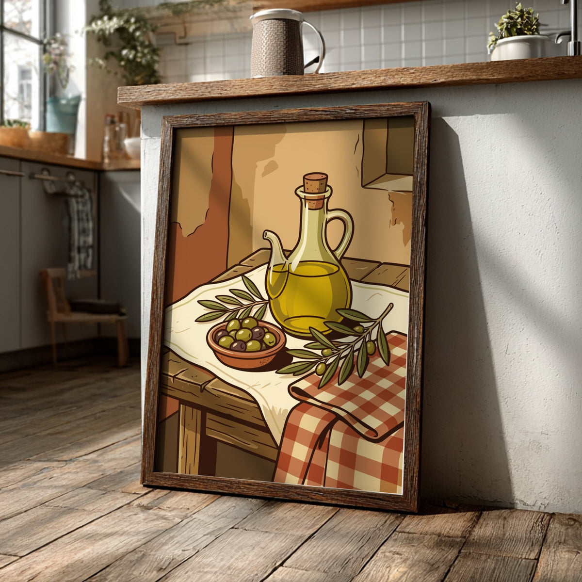 Poster featuring a bottle of olive oil and a bowl of fresh olives on wood.