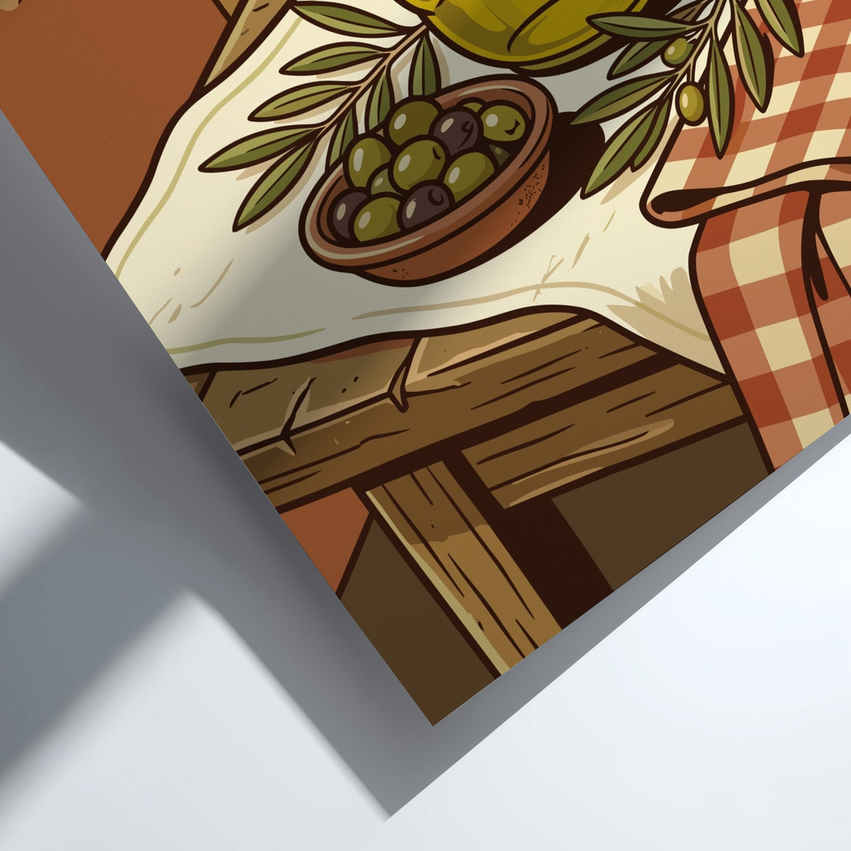 Poster featuring a bottle of olive oil and a bowl of fresh olives on wood.