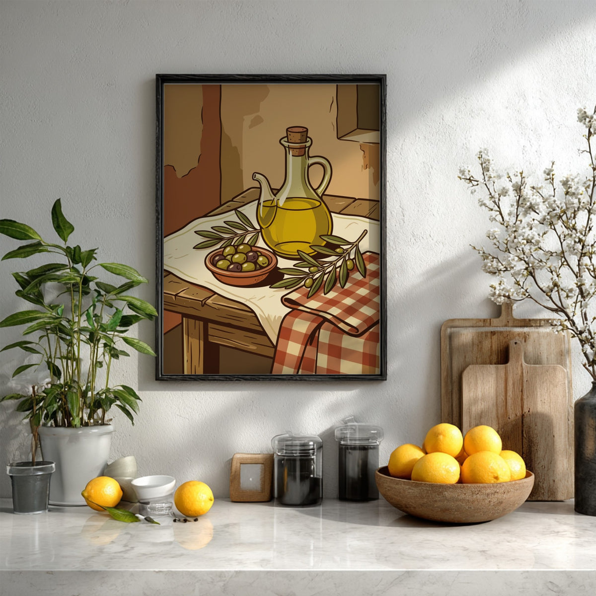 Poster featuring a bottle of olive oil and a bowl of fresh olives on wood.