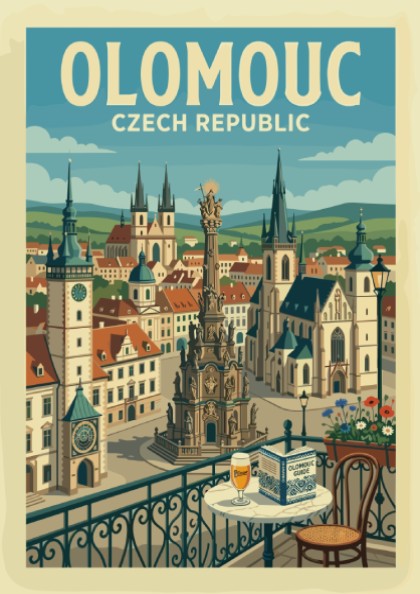 Vintage travel poster of Olomouc, Czech Republic, featuring historic architecture and a retro illustration