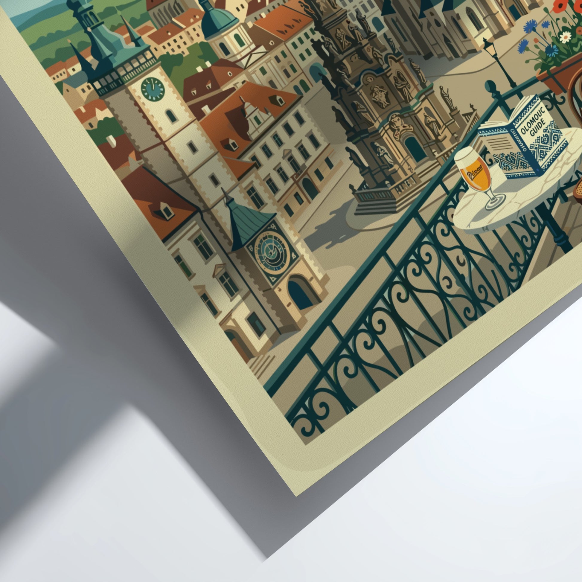 Vintage travel poster of Olomouc, Czech Republic, featuring historic architecture and a retro illustration
