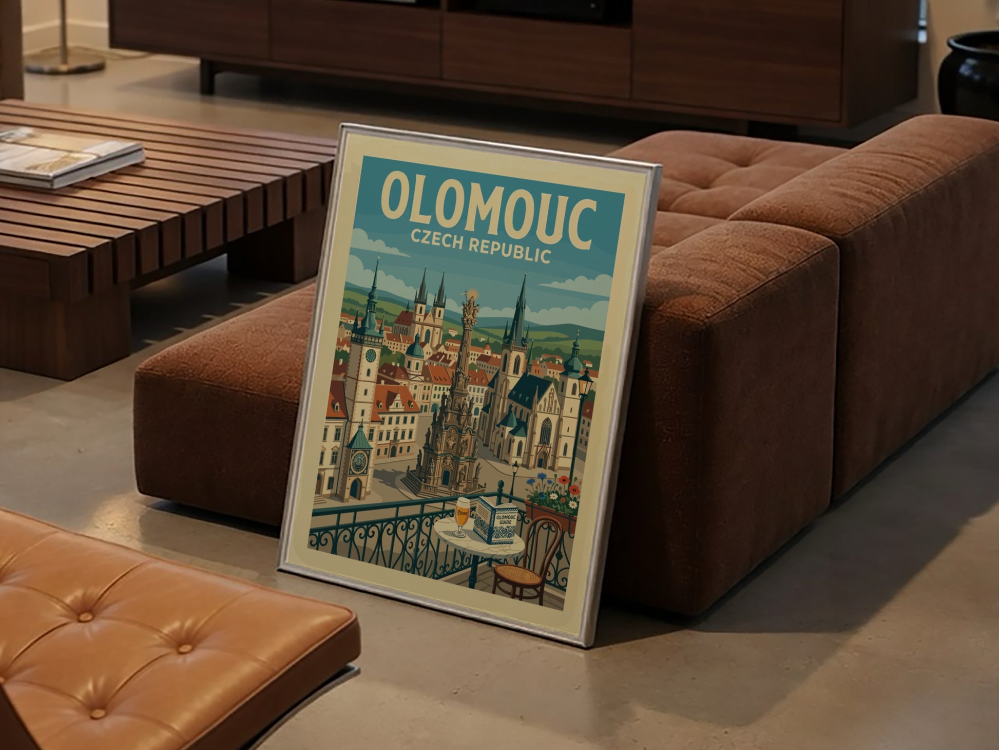 Vintage travel poster of Olomouc, Czech Republic, featuring historic architecture and a retro illustration