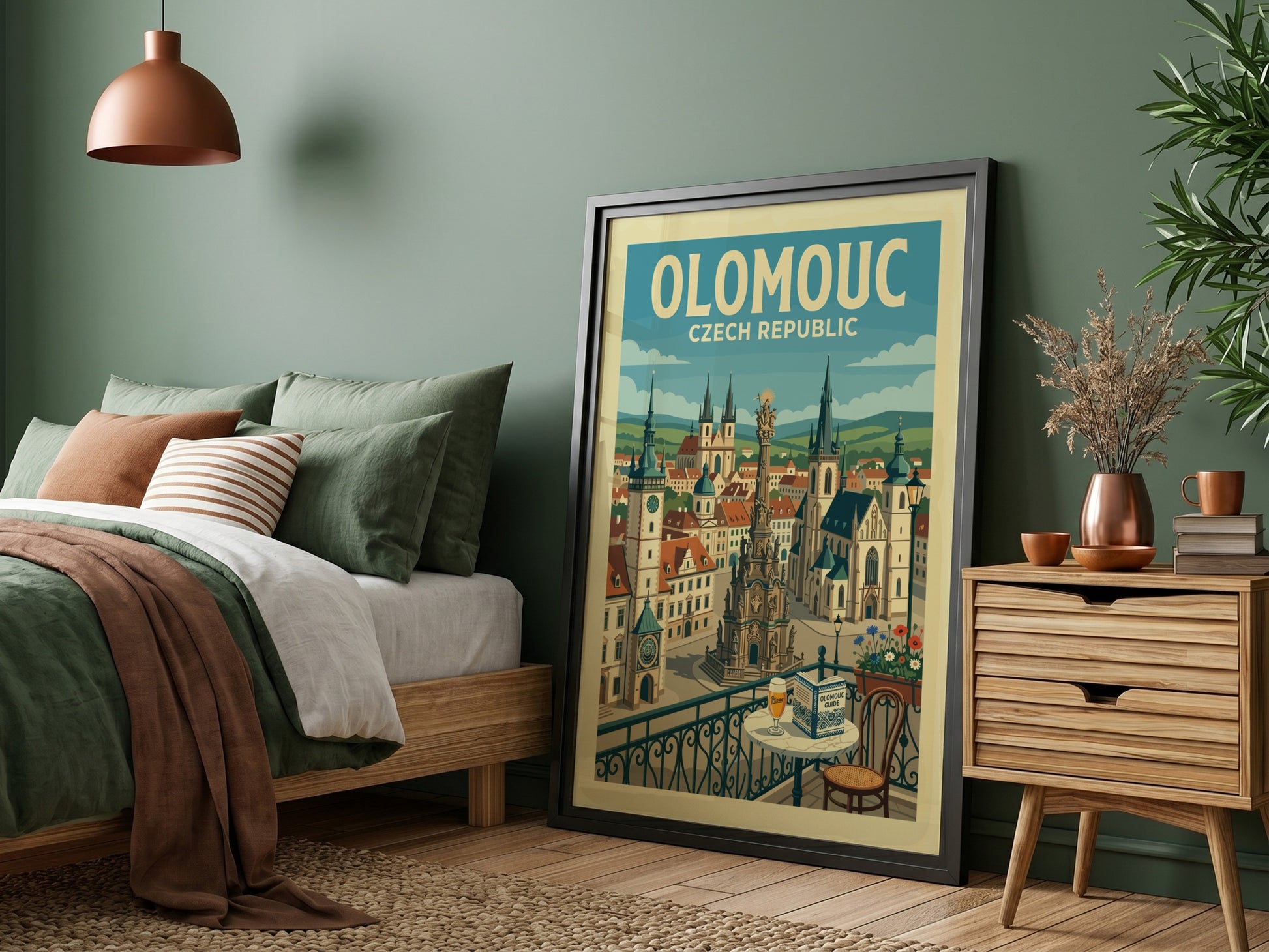 Vintage travel poster of Olomouc, Czech Republic, featuring historic architecture and a retro illustration