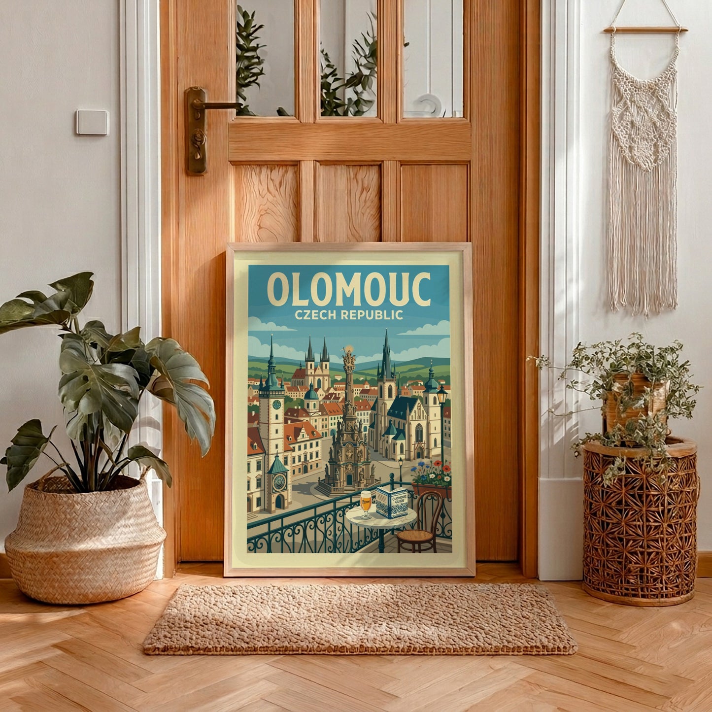 Vintage travel poster of Olomouc, Czech Republic, featuring historic architecture and a retro illustration