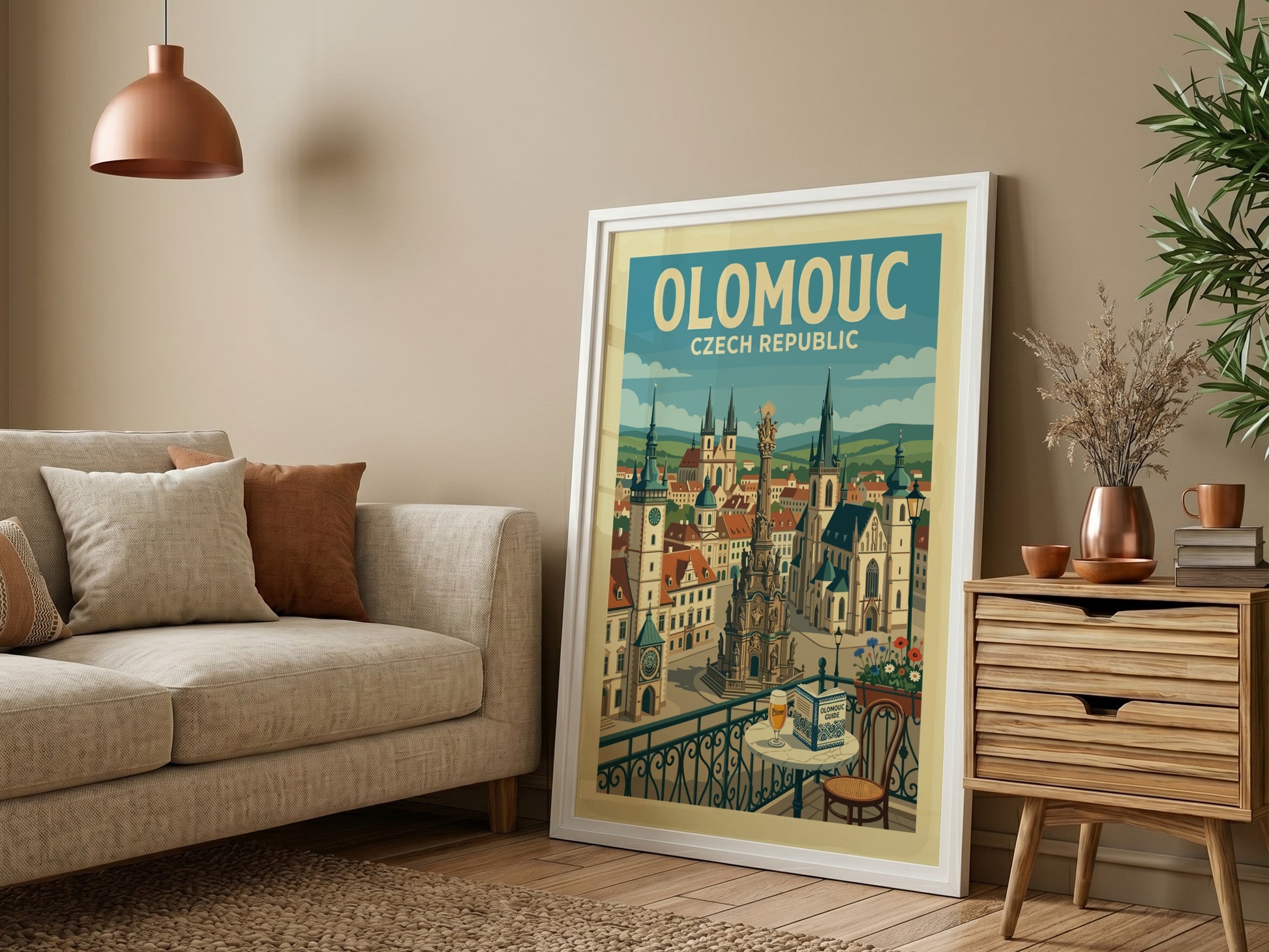Vintage travel poster of Olomouc, Czech Republic, featuring historic architecture and a retro illustration